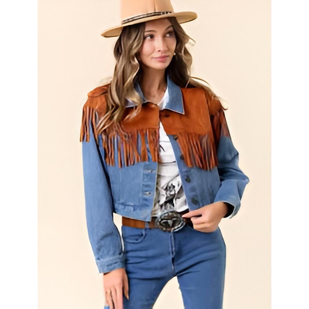 NEW SAINTS & HEARTS fringe denim jacket in blue/ brown